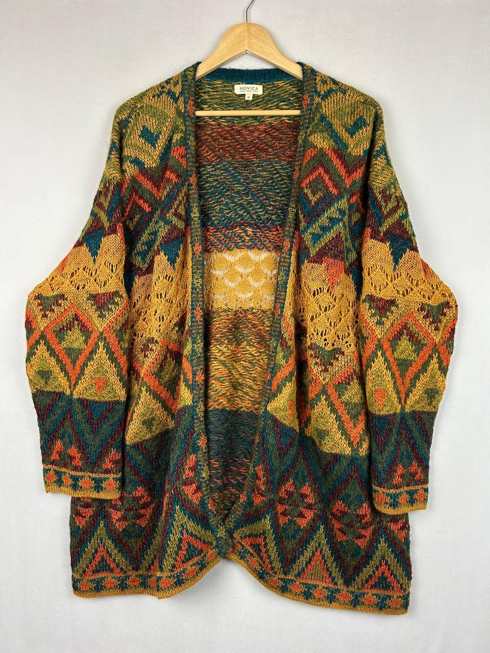 Novica Baby Alpaca Open Front Cardigan Sweater Wearable Art Women's Size XL
